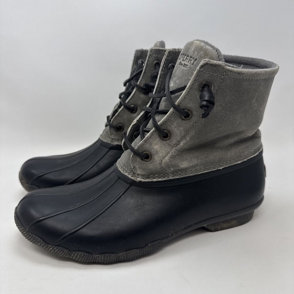 Sperry Saltwater Duck Boots Womens Size 9 Grey Black Waterproof Rubber Zip